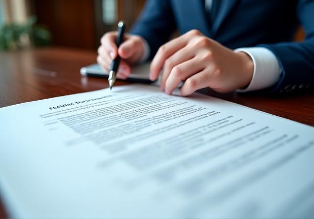Serious legal professional reviewing a commercial contract with a magnifying glass focus